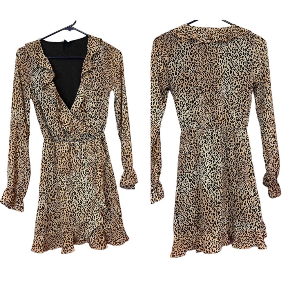 H&M Y2K Ruffle Leopard Long Sleeve Faux Wrap Mini Dress Size 0